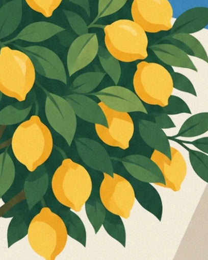 Golden lemons among green leaves in front of the pale terrace wall