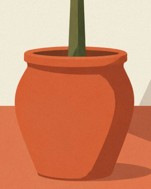 The lemon tree’s terracotta pot and its shadow on the orange terrace floor