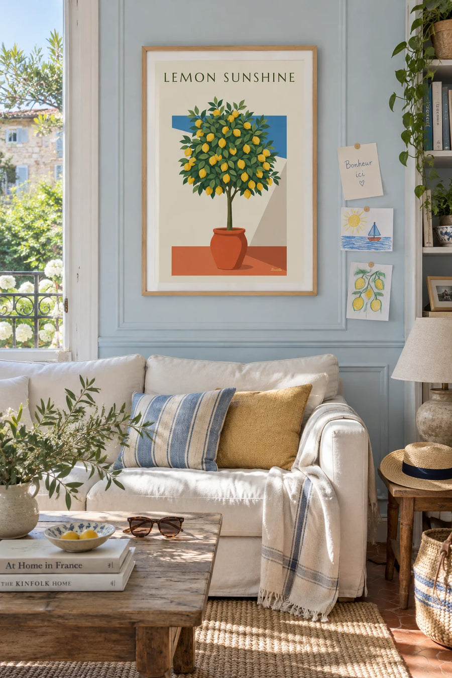 Poster of a potted lemon tree on a sunny terrace in Italy: framed on the wall