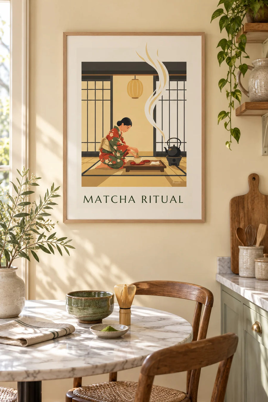 Poster theeceremonie en kom matcha in Japan: ingelijst aan de muur
