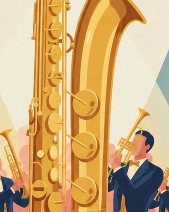 Les grandes clés du saxophone doré devant les trompettistes en costume bleu