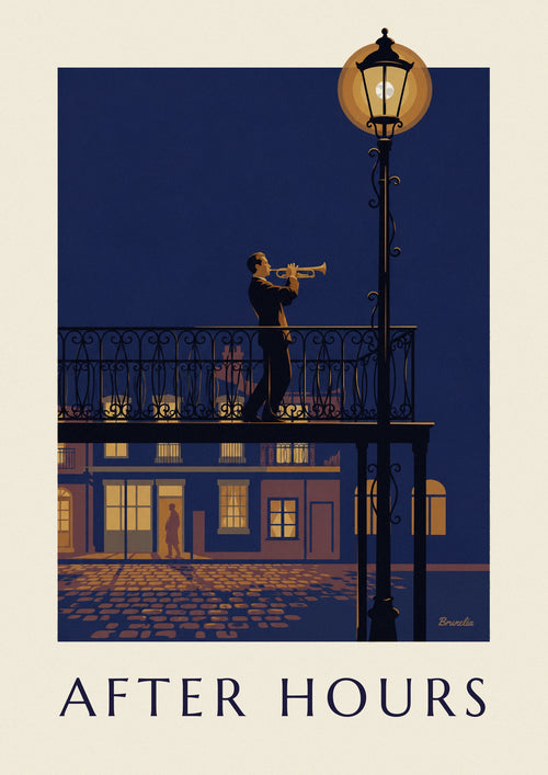 Poster of a jazz trumpeter on a wrought-iron balcony at night: the full poster