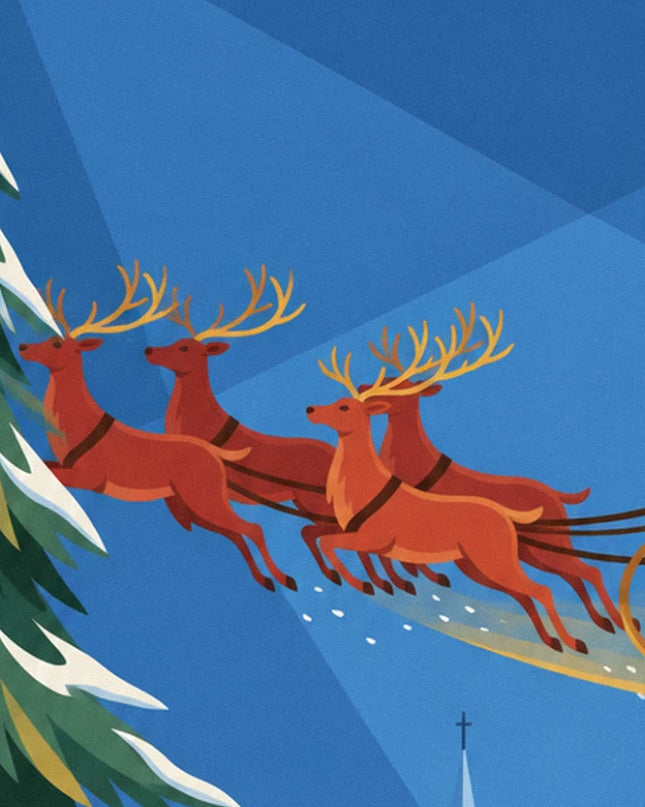 The team of 4 reddish-brown reindeer with golden antlers, galloping through the blue sky