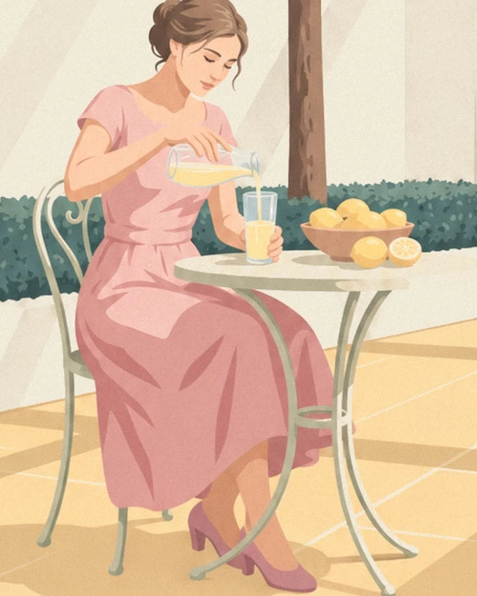 De vrouw in een roze jurk die citroensap in een glas schenkt aan haar tuintafel