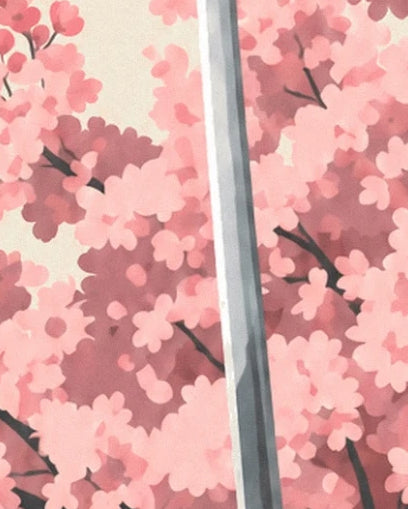 The silver blade of the katana among the pink cherry blossom