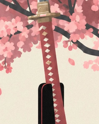The red handle of the katana with pale diamond shapes and a gold guard