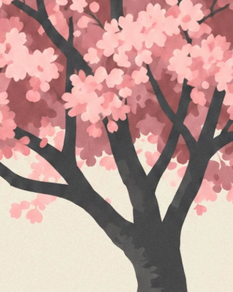 The dark trunk of the cherry tree and its branches laden with pink blossom