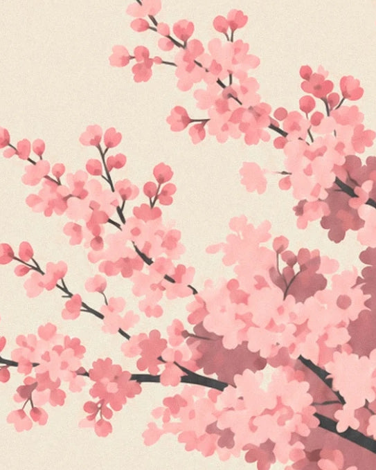 The cherry twigs with pink blossom and rounded buds against a cream background