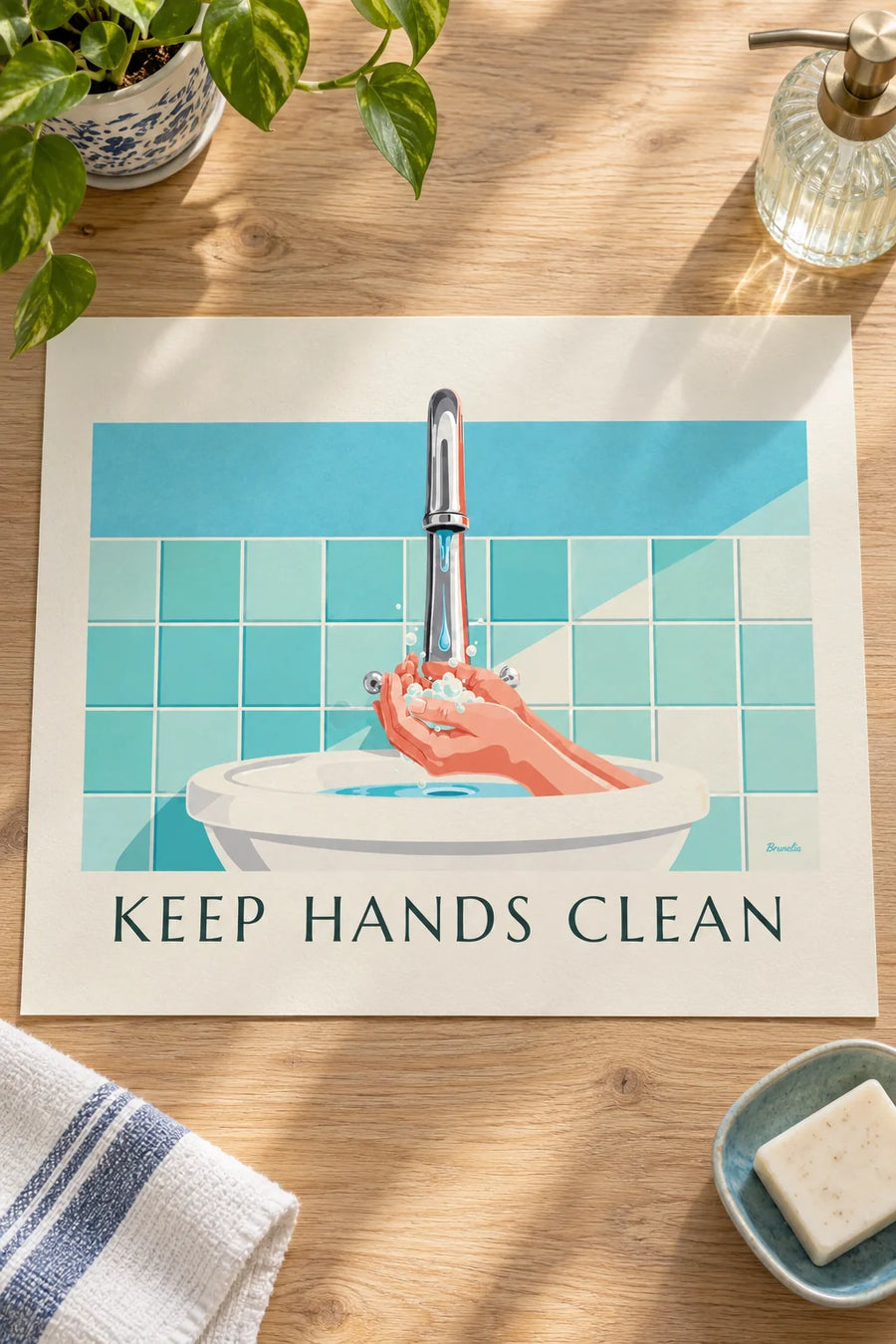 Keep hands clean poster for handwashing: on a table