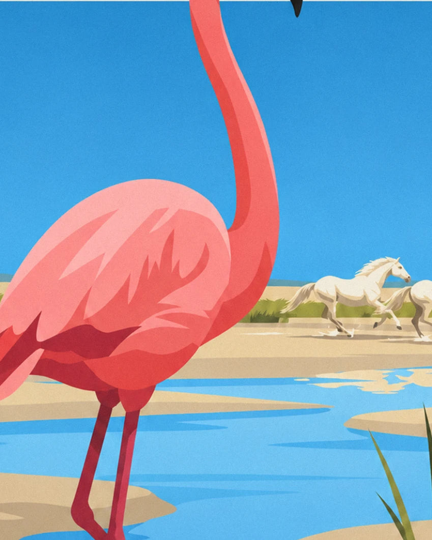 The pink flamingo in the shallow water, and 2 white horses galloping along the shore