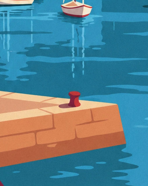 The end of the stone breakwater with its red bollard, above the blue water