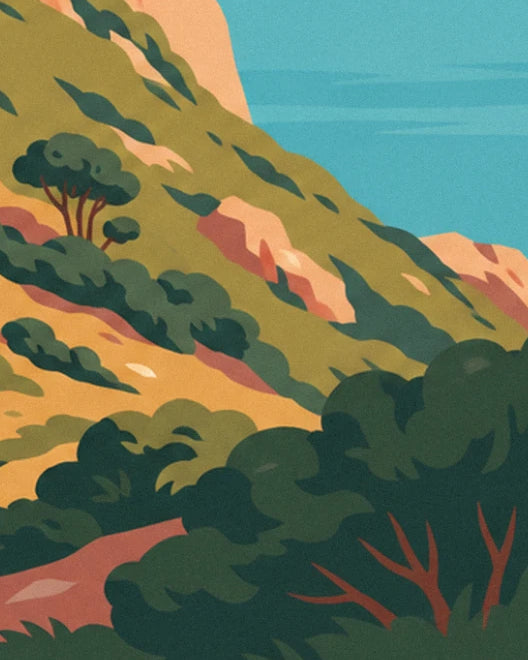 An ochre and green scrubland slope with a pine, dark bushes and turquoise sea at the top