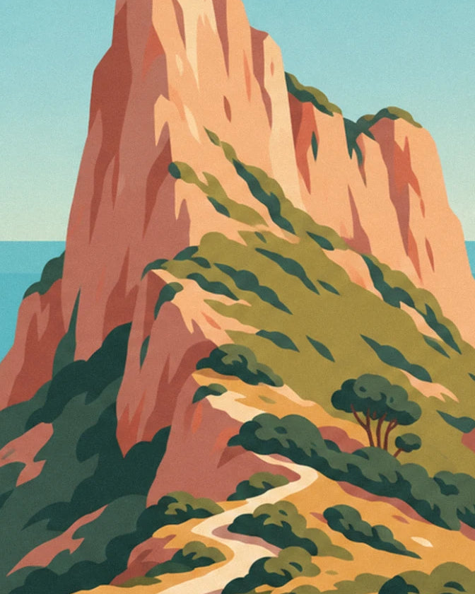 The pink cliff of Bec de l'Aigle and its winding path through the pines