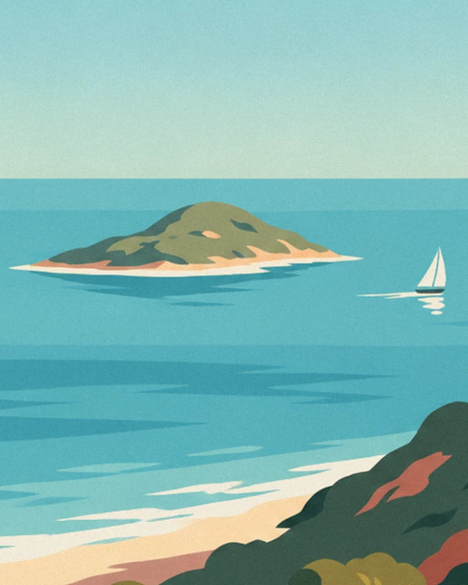 île Verte offshore, a white sailing boat and the golden sandy beach