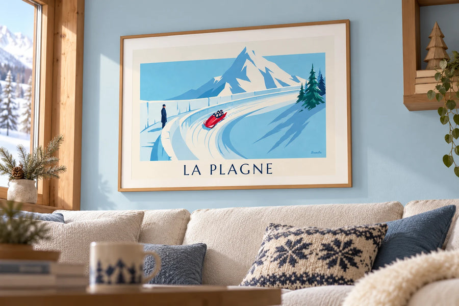 Poster olympische bobsleebaan van La Plagne: ingelijst aan de muur
