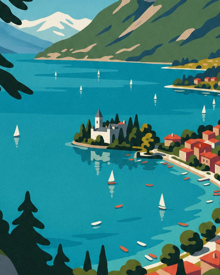 Lake Annecy, sailboats and the Tournette poster: close-up detail