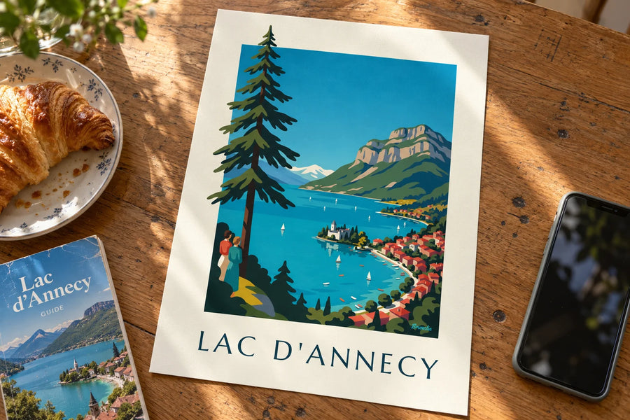 Poster met het meer van Annecy in de Alpen, zeilboten en de Tournette: neergezet op een tafel