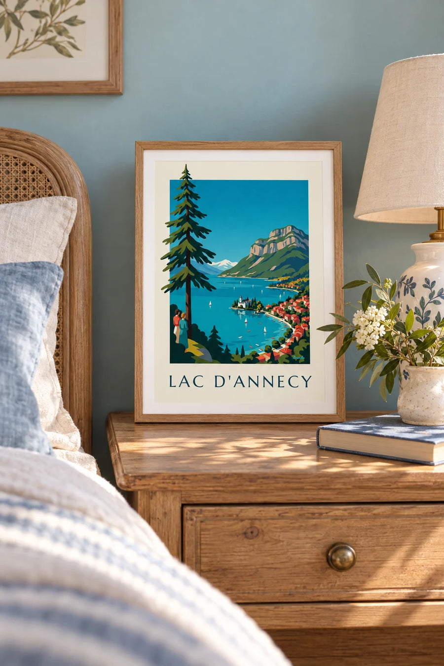 Poster meer van Annecy in de Alpen, zeilboten en de Tournette: klein formaat A4 in lijst