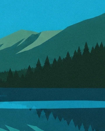 The dark green fir trees at the foot of the mountains and their reflections in the turquoise lake