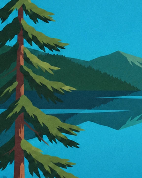A tall fir tree with green branches in front of the lake and wooded mountains