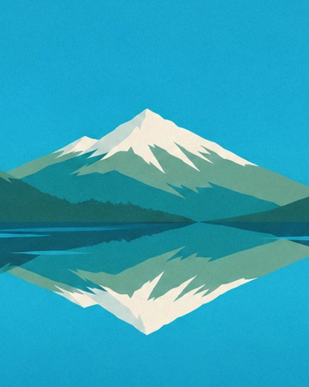 The snow-covered peak and its reflection in the turquoise waters of the mountain lake