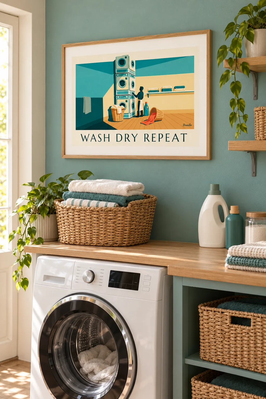 Affiche Laundry Room avec paniers de linge et machines à laver : encadrée au mur
