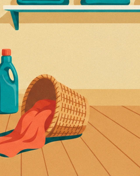 Le panier d'osier renversé, son linge orange étalé sur le parquet près du flacon de lessive