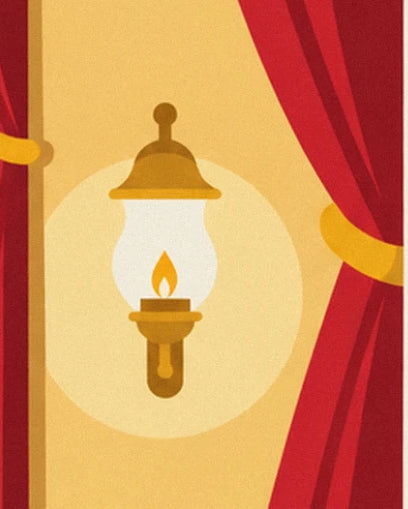 The brass oil lamp and its flame, between 2 red curtain panels