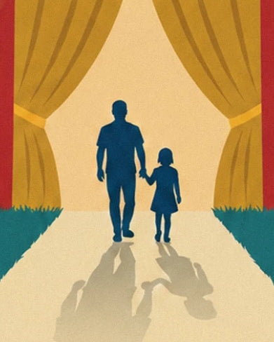 An adult and a young girl holding hands between the golden curtains of the big top
