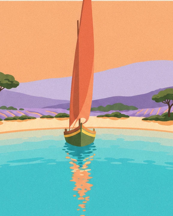 The orange sailing boat on turquoise water, in front of the beach and lavender fields