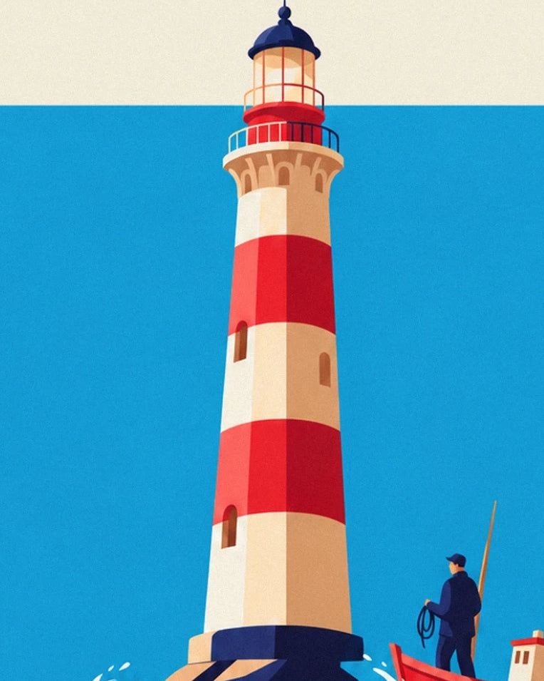 The lighthouse with red and cream stripes, with a sailor near a red boat