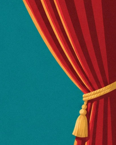 The red curtain with deep folds, held back by a golden cord with a tassel