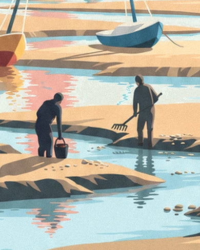 The 2 shellfish gatherers with a bucket and a rake between the sandbanks