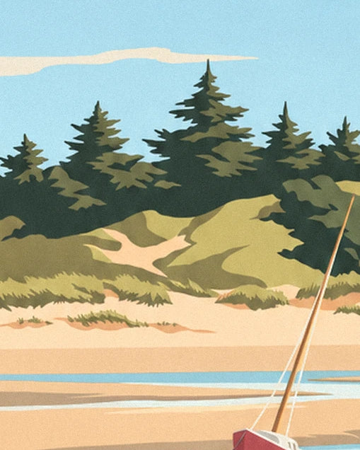 The golden dunes bordered by conifers and the leaning mast of a small boat