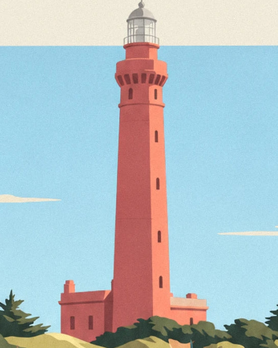 The red lighthouse of Le Touquet and its glass lantern above the bushes