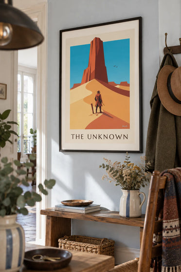 Poster mysterieuze avonturier op een bergkam in de woestijn: ingelijst aan de muur