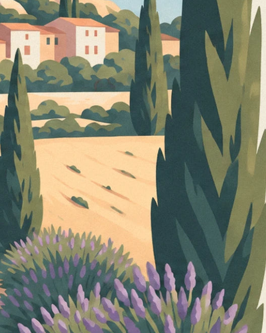 A tall dark cypress in front of the country house, with lavender in bloom