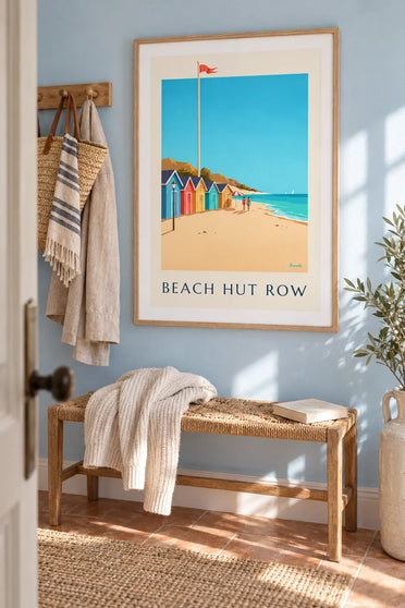 Poster rij kleurrijke strandhuisjes aan zee: ingelijst aan de muur