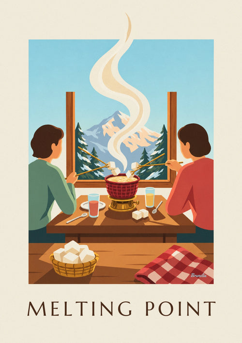 Affiche fondue savoyarde dans un chalet face à la montagne : l'affiche entière