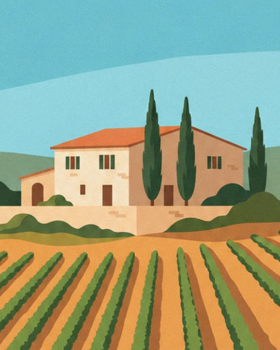 The farmhouse with green shutters and an orange roof, guarded by 3 cypress trees above the rows of vines