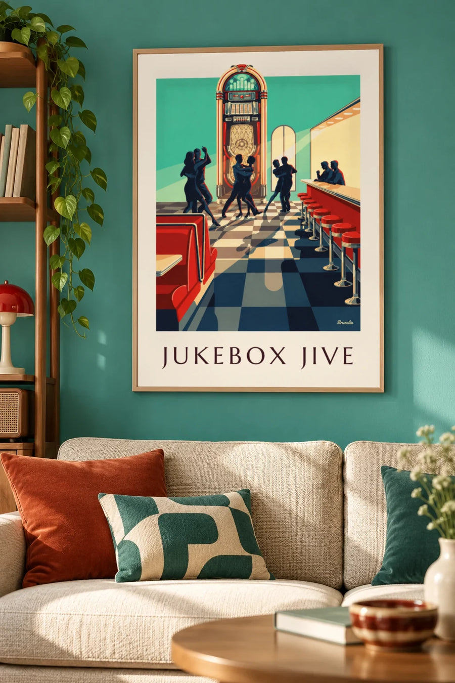 Affiche jukebox et silhouettes de danseurs de rock : encadrée au mur