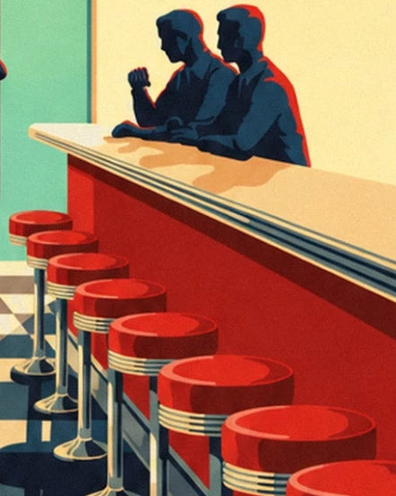 The red stools with chrome legs lined up in front of the counter and its 2 customers