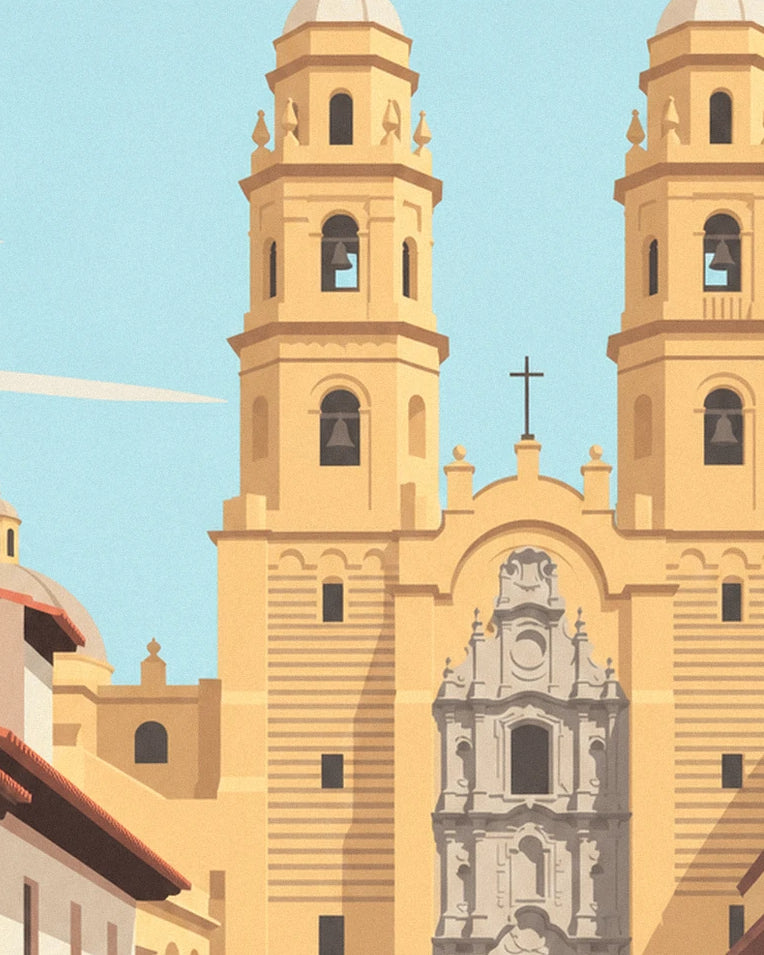 Colonial street in Lima and San Francisco basilica poster: close-up detail