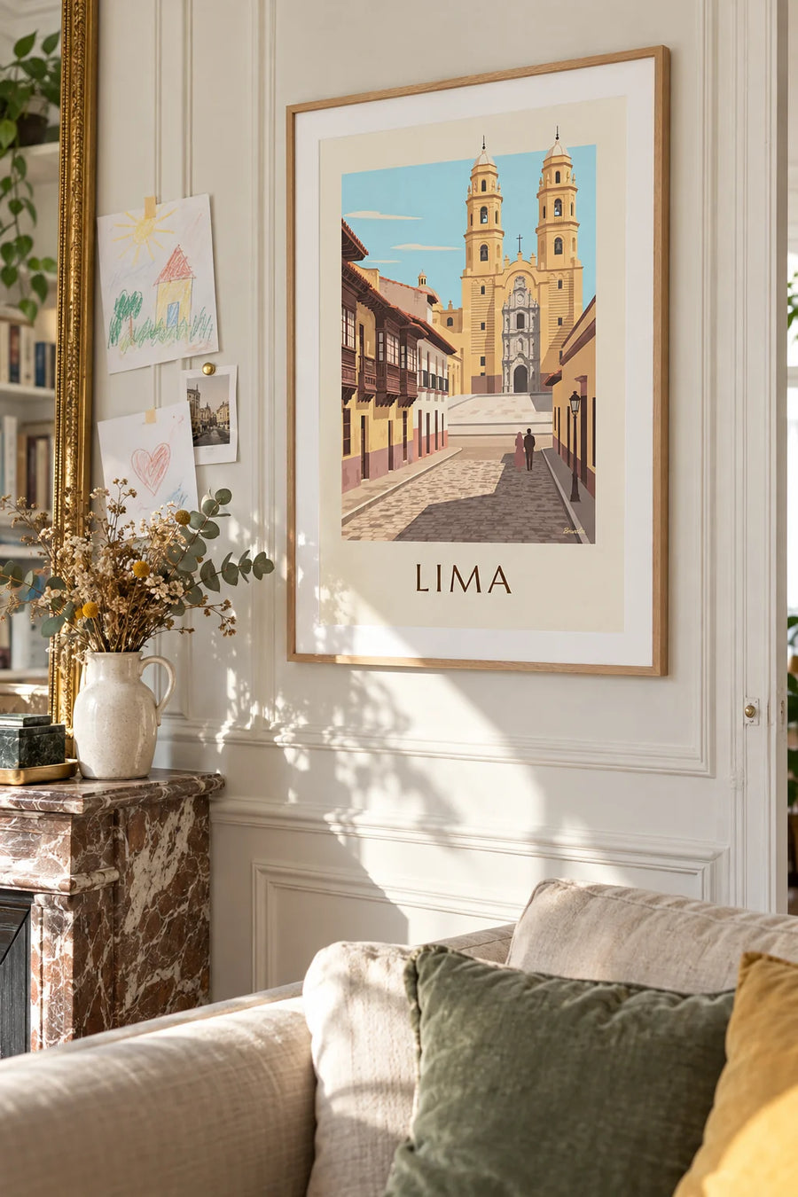 Poster van een koloniale straat in Lima en de basiliek van San Francisco: ingelijst aan de muur