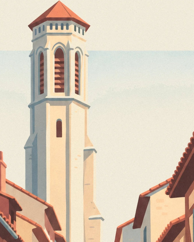 The bell tower with its red tiled roof rising above the rooftops of the old town