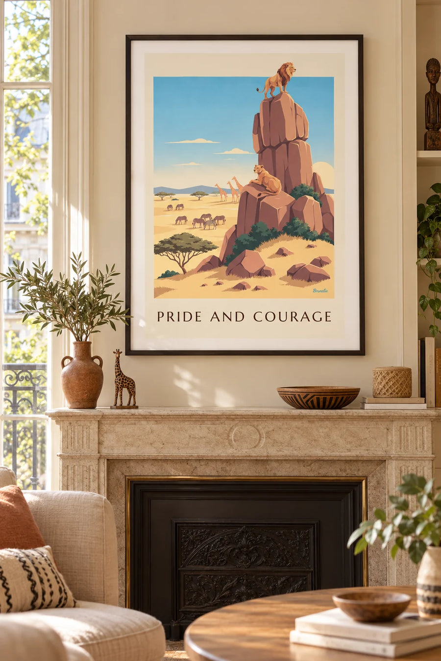Poster leeuw en leeuwin op een kopje in de savanne: ingelijst aan de muur