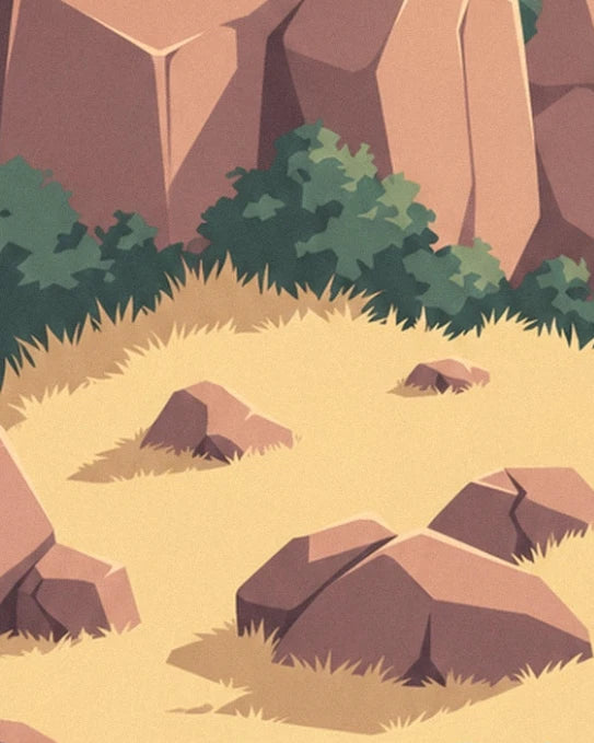 Angular rocks in the golden grass, at the foot of the kopje edged with green bushes
