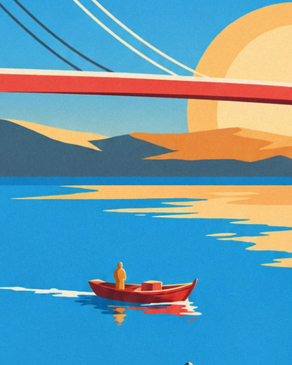Une barque rouge et son pêcheur sur le Tage, soleil orangé derrière le tablier