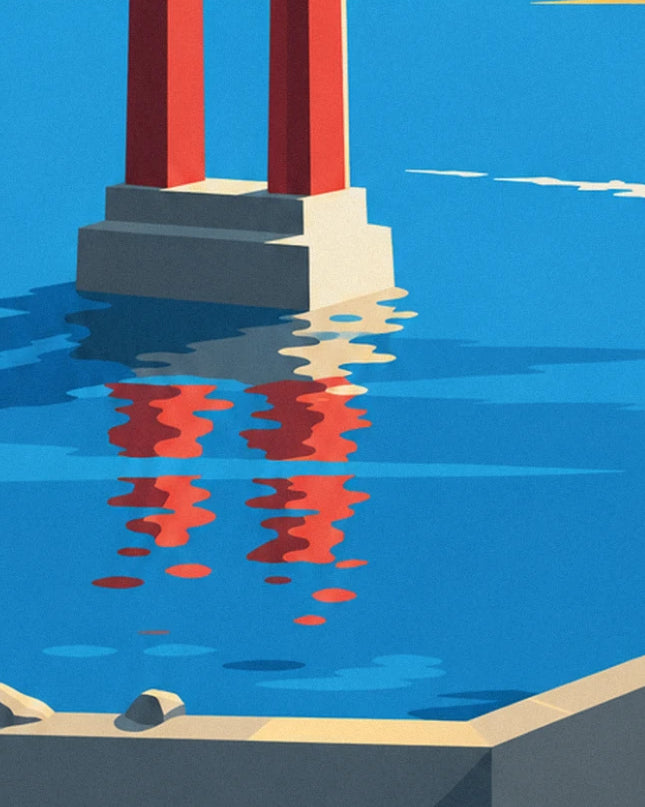 Les 2 piles rouges du pont sur leur socle de pierre, reflétées dans l'eau bleue du Tage