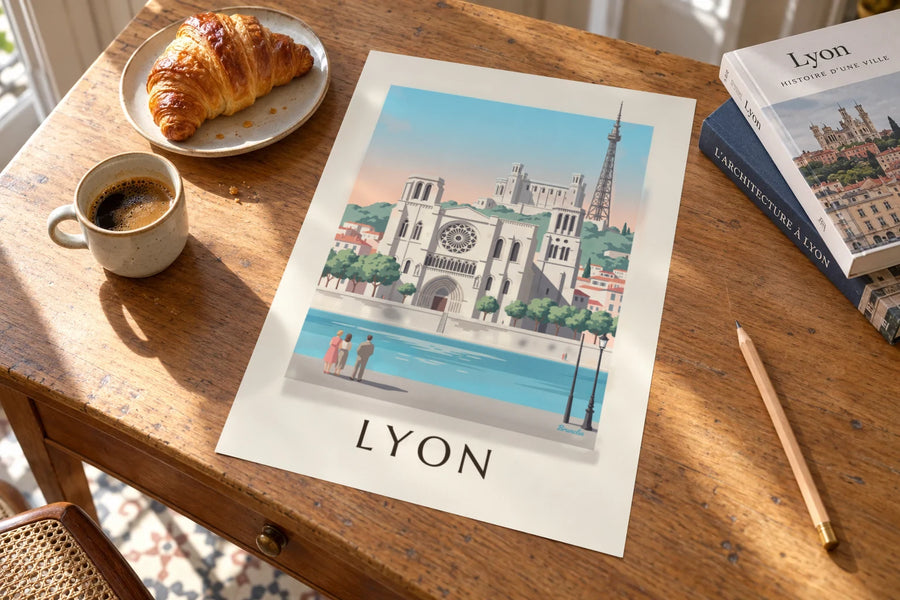 Poster van de Sint-Jan-kathedraal en de Saône-kades in Lyon: op een tafel